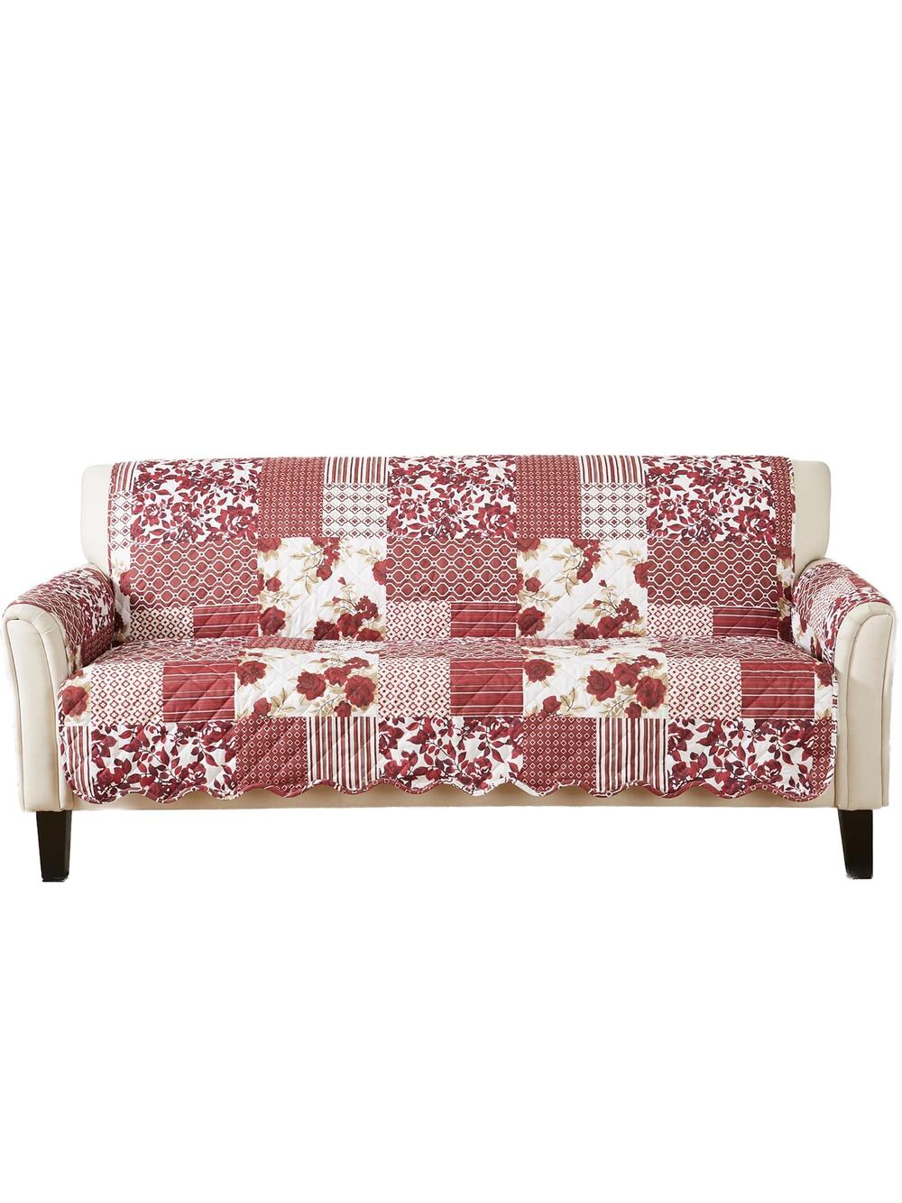 NEW Great Bay Home Patchwork Scalloped Sofa Cover – Burgundy, 75”x118”